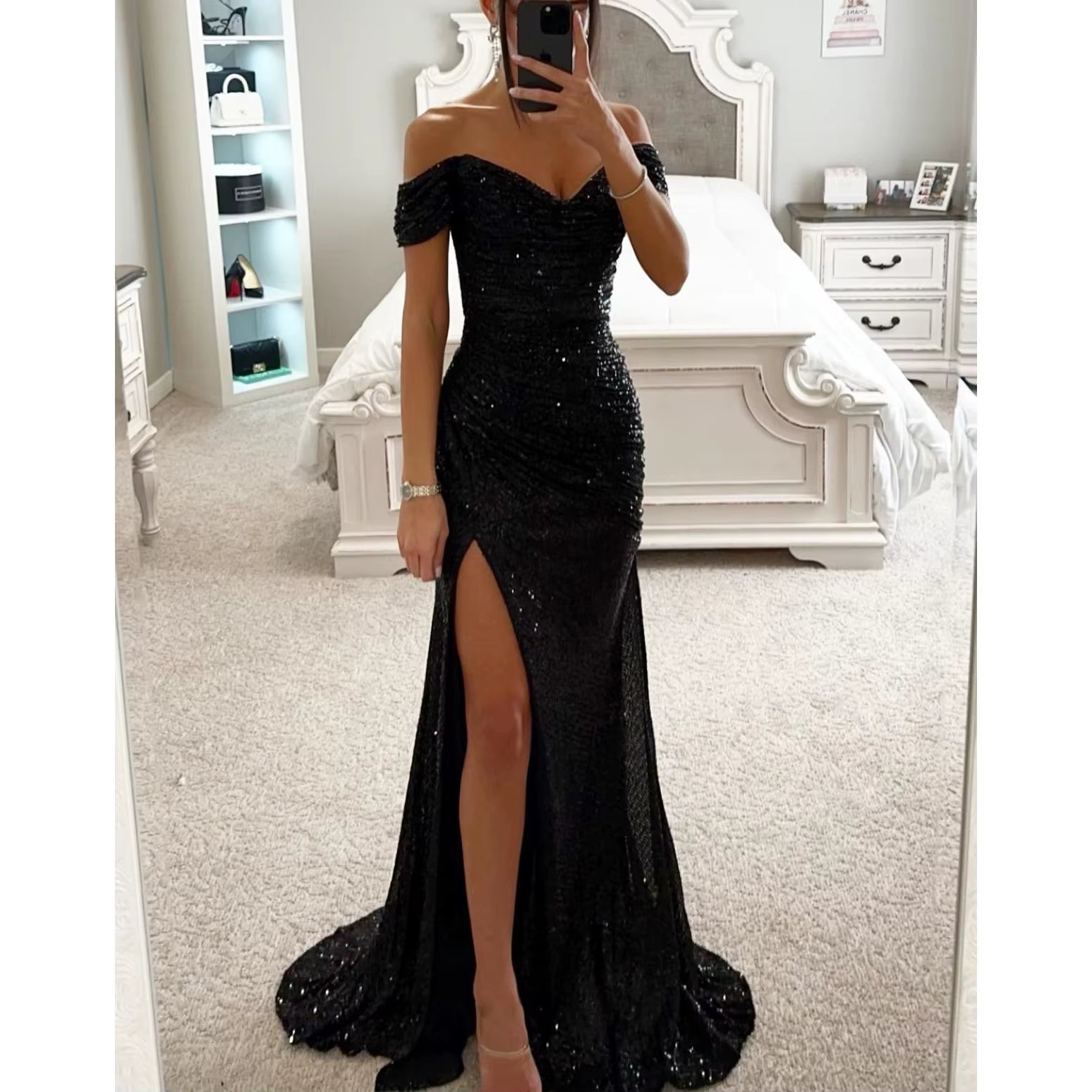 BH1423 Hot Sale Party Sequin One Line Neck Slit Casual Fashion Floor-Length Worsted Solid Natural Waist Woven Dress