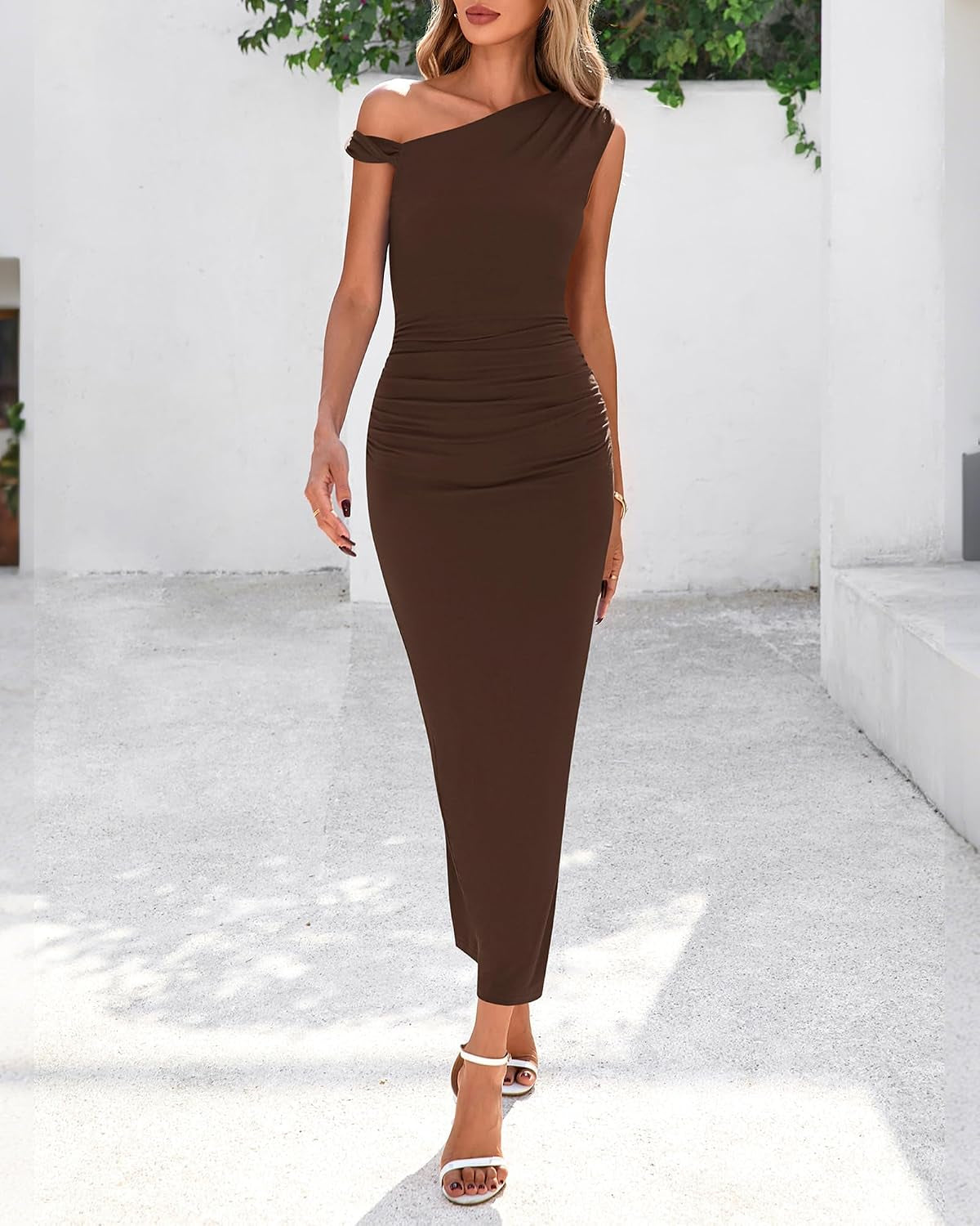 Women Formal Cocktail Dresses Summer 2026 One Shoulder Twist Strap Ruched Bodycon Elegant Wedding Party Maxi Dress
