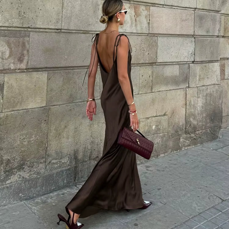 Lace-Up Spaghetti Strap Dresses Vestidos Largos Mujeres Backless Sleeveless Brown Satin Casual Women'S Summer Maxi Dress