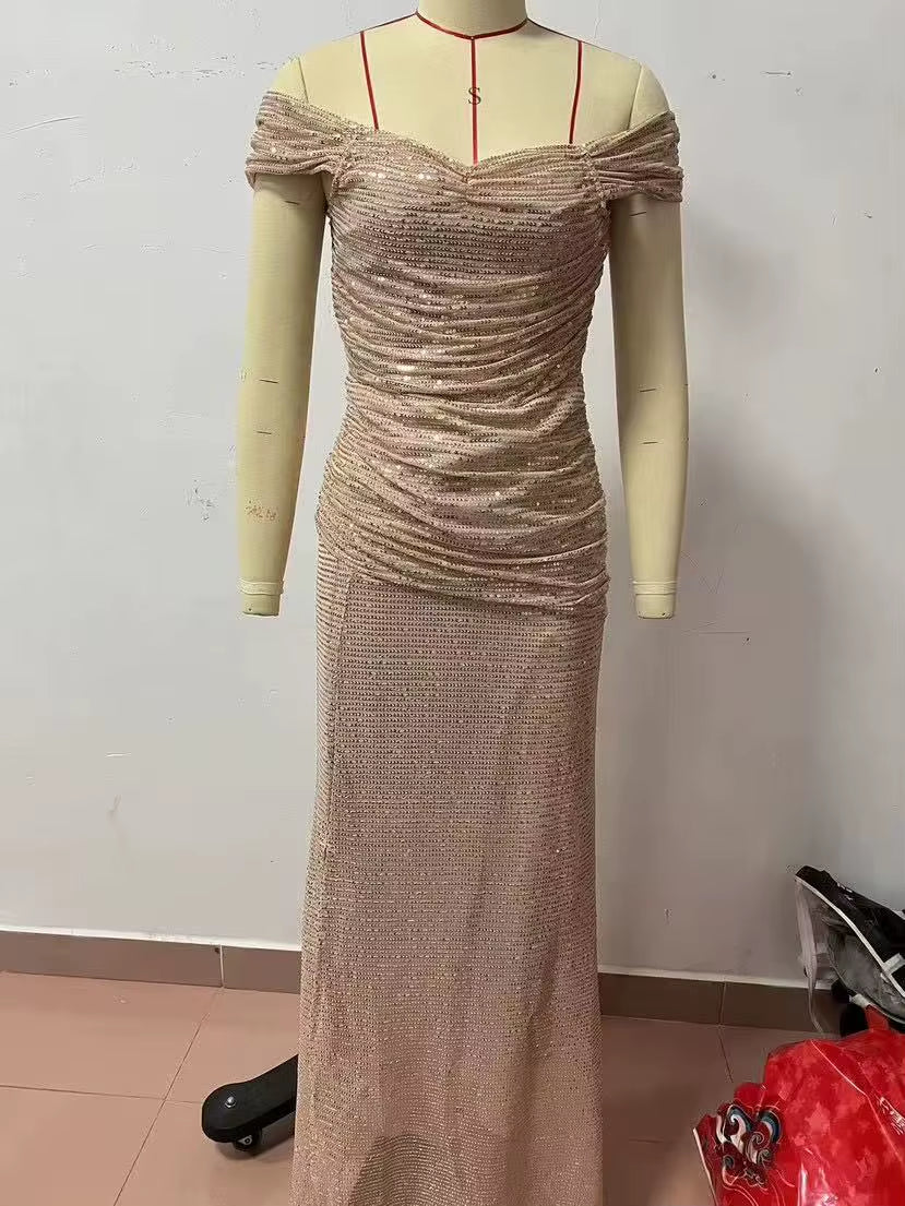 BH1423 Hot Sale Party Sequin One Line Neck Slit Casual Fashion Floor-Length Worsted Solid Natural Waist Woven Dress