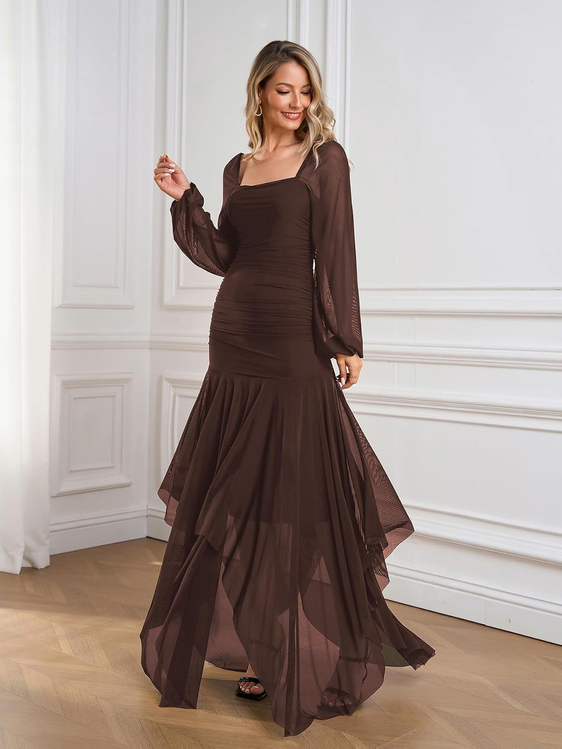 Women'S Formal Long Sleeve Maxi Dress Asymmetrical Hem Square Neck Mesh Wedding Guest Cocktail Dresses