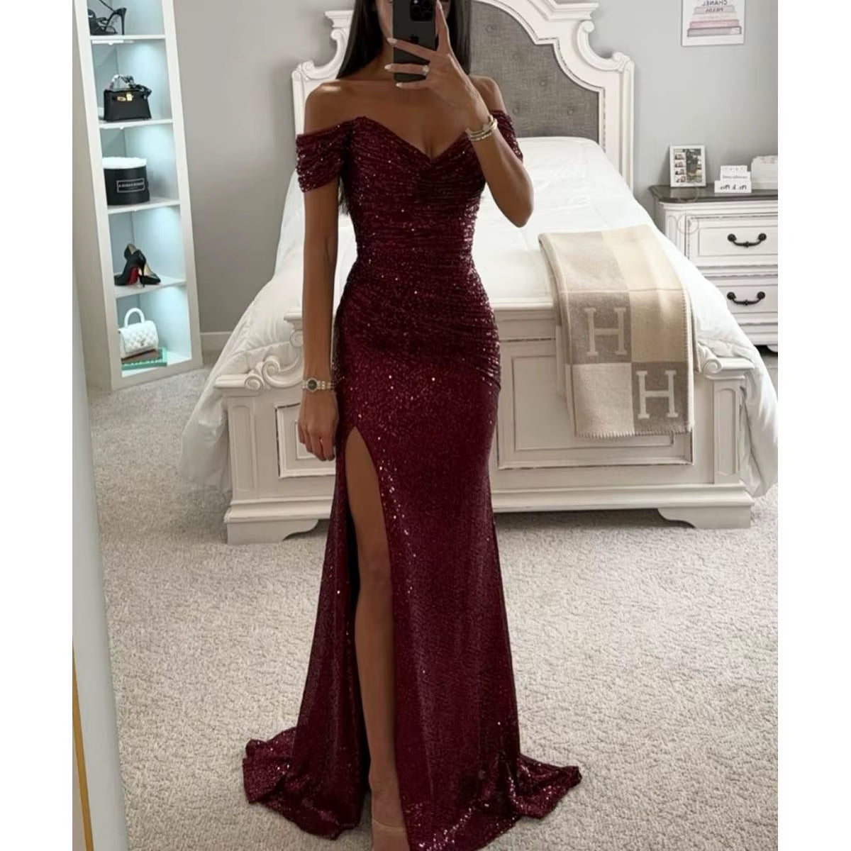 BH1423 Hot Sale Party Sequin One Line Neck Slit Casual Fashion Floor-Length Worsted Solid Natural Waist Woven Dress