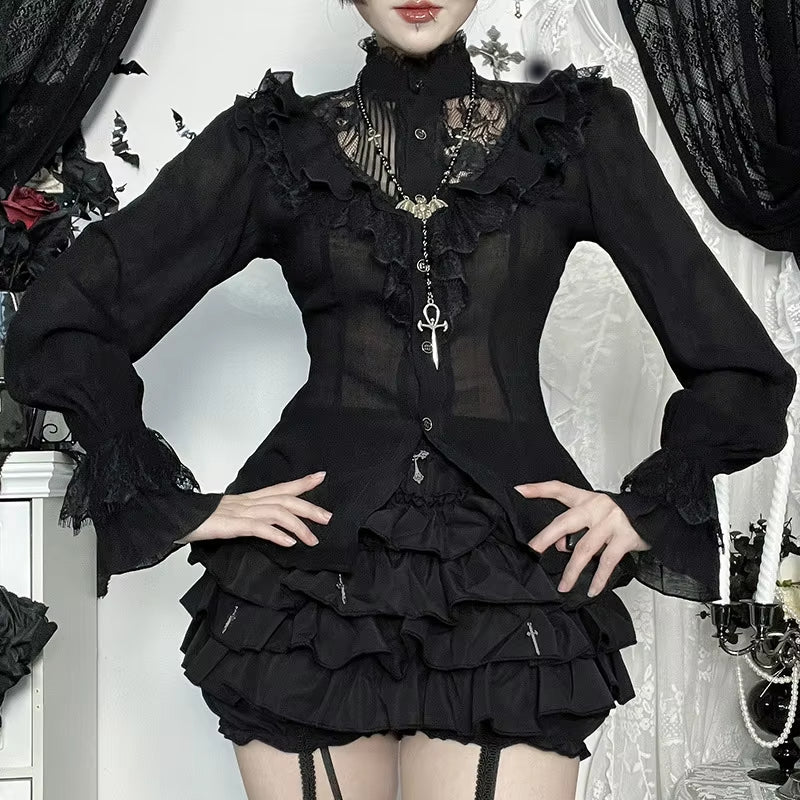Gothic Blouse Black Long Sleeve Sexy Slim Tees 2026 New Goth Y2K Grunge Punk Lolita Elegant Sweet Halloween Woman Clothing