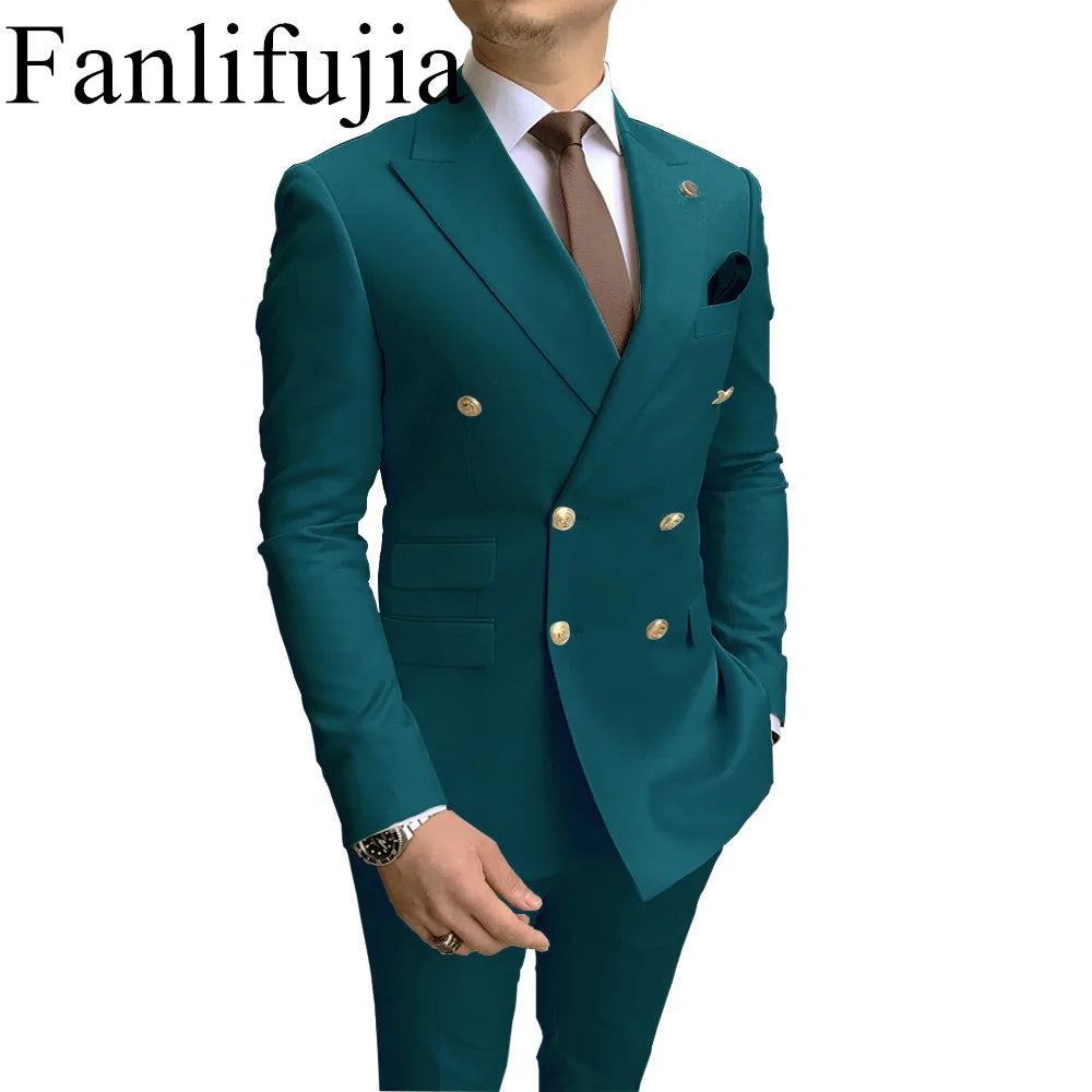 Store Navy Men Party Tuxedos 2 Pieces Latest Peak Lapel Men Suits Gold Buttons Fashion Style Suits Double Breasted