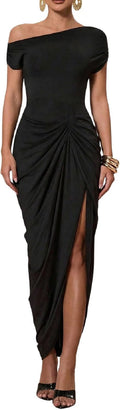 Women'S Elegant Long Dress Asymmetrical off Shoulder Ruched Slit Bodycon Cocktail Dresses
