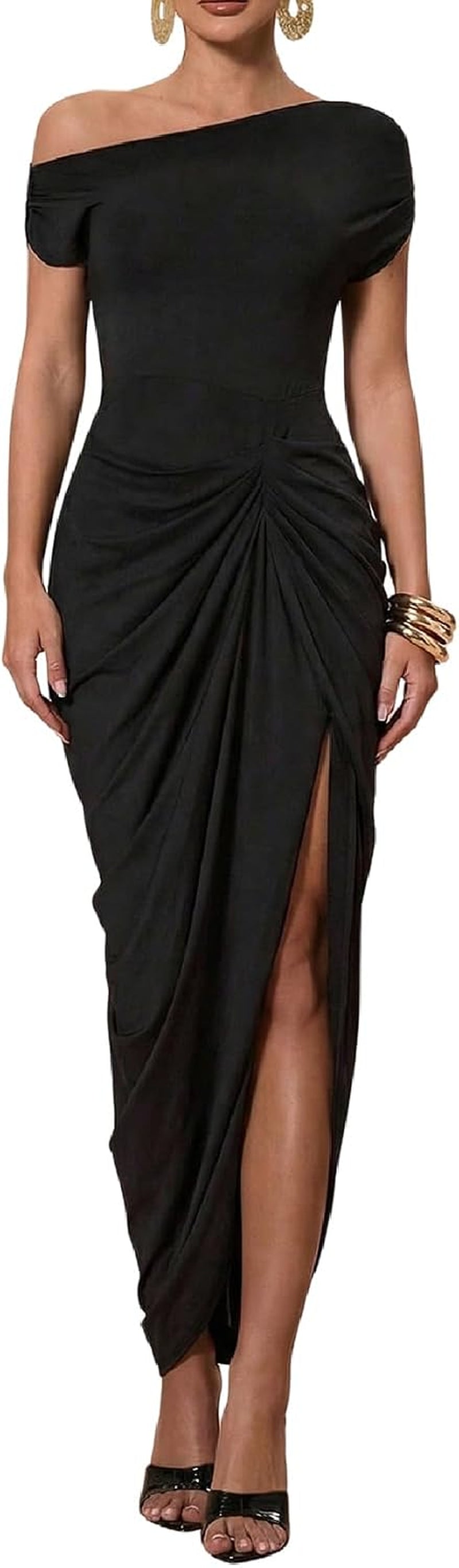 Women'S Elegant Long Dress Asymmetrical off Shoulder Ruched Slit Bodycon Cocktail Dresses