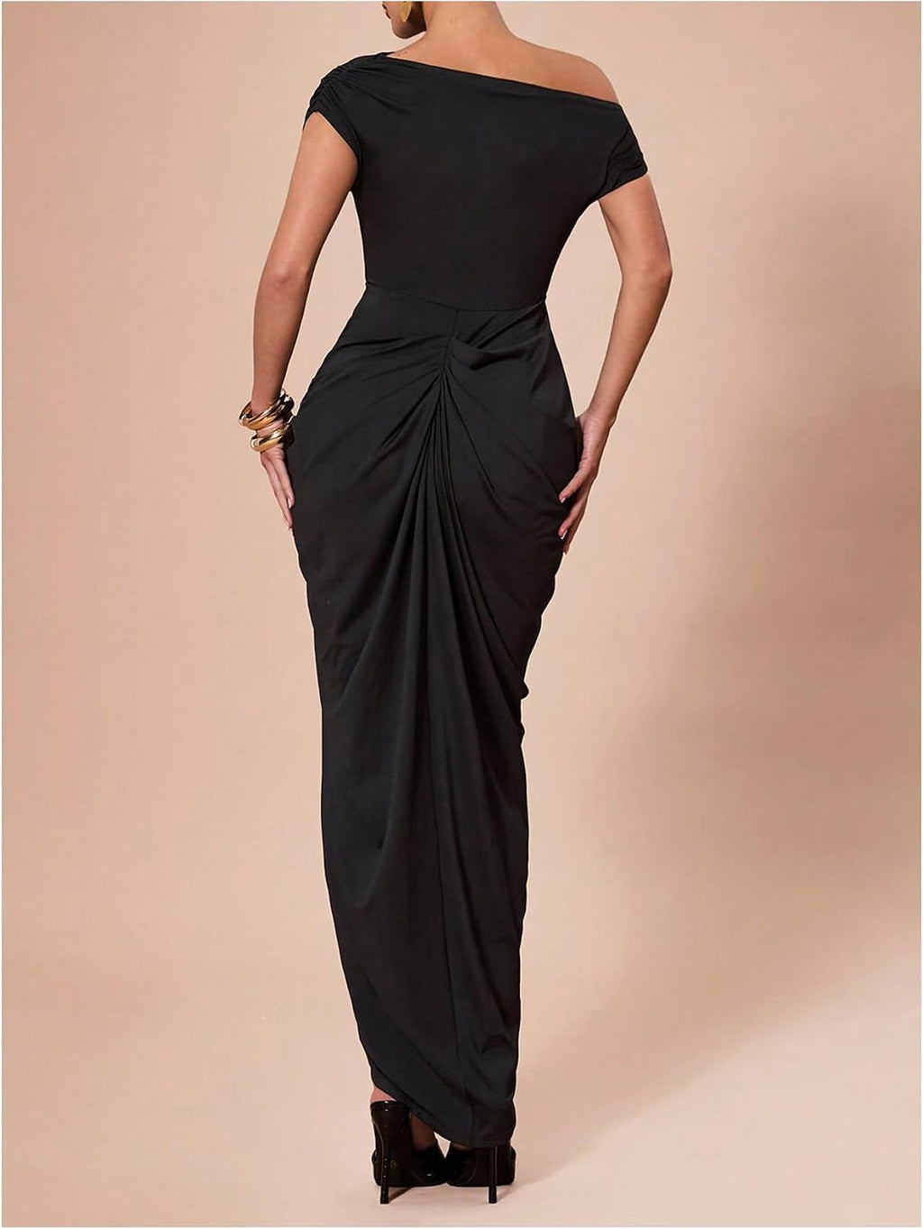Women'S Elegant Long Dress Asymmetrical off Shoulder Ruched Slit Bodycon Cocktail Dresses
