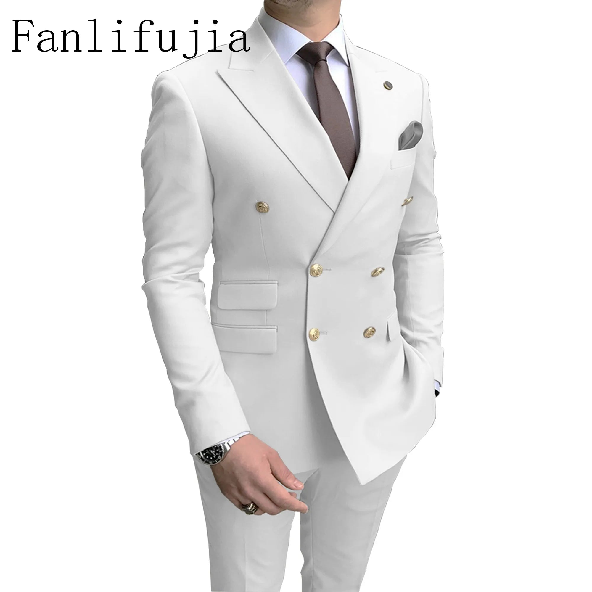 Store Navy Men Party Tuxedos 2 Pieces Latest Peak Lapel Men Suits Gold Buttons Fashion Style Suits Double Breasted