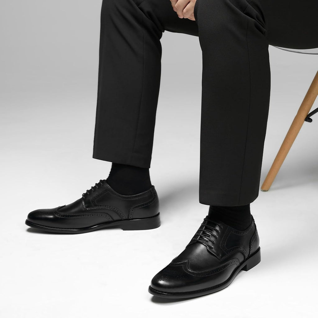 Men'S Dress Shoes Genuine Leather, Wingtip Oxford for Men Non Slip, Lace up Plain Toe Derby Dress Shoes for Formal, Business, Wedding, Office