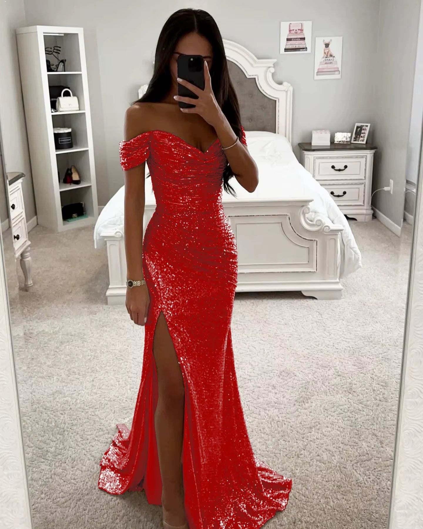 BH1423 Hot Sale Party Sequin One Line Neck Slit Casual Fashion Floor-Length Worsted Solid Natural Waist Woven Dress