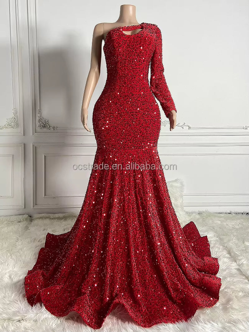 Ocstrade Sparkly Long Train Dresses for Women Party Wedding Evening off Shoulder Red Sequin Long Sleeves Prom Dress 2025 Women