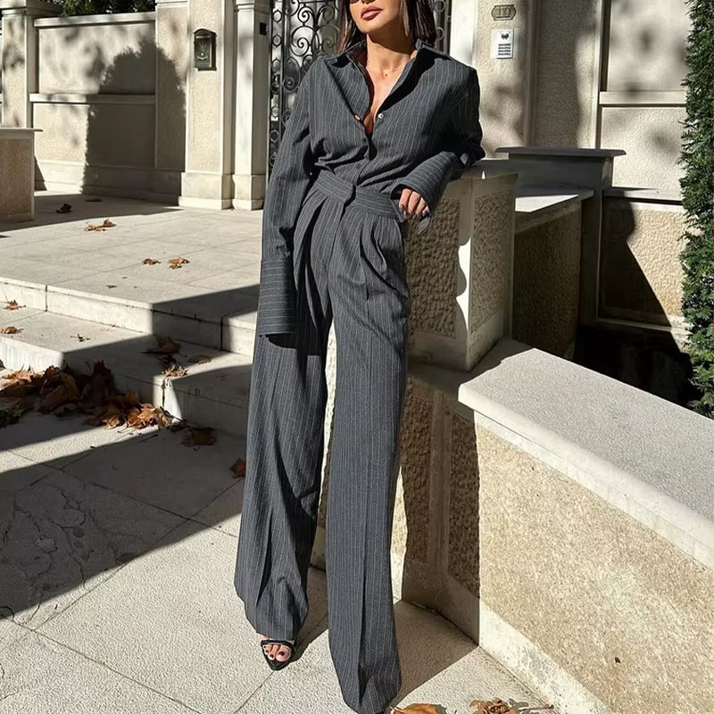 Buttoned Dark Gray Striped Casual Clothing Two-Piece Suit Women'S Wide Leg Pants and Shirt Set