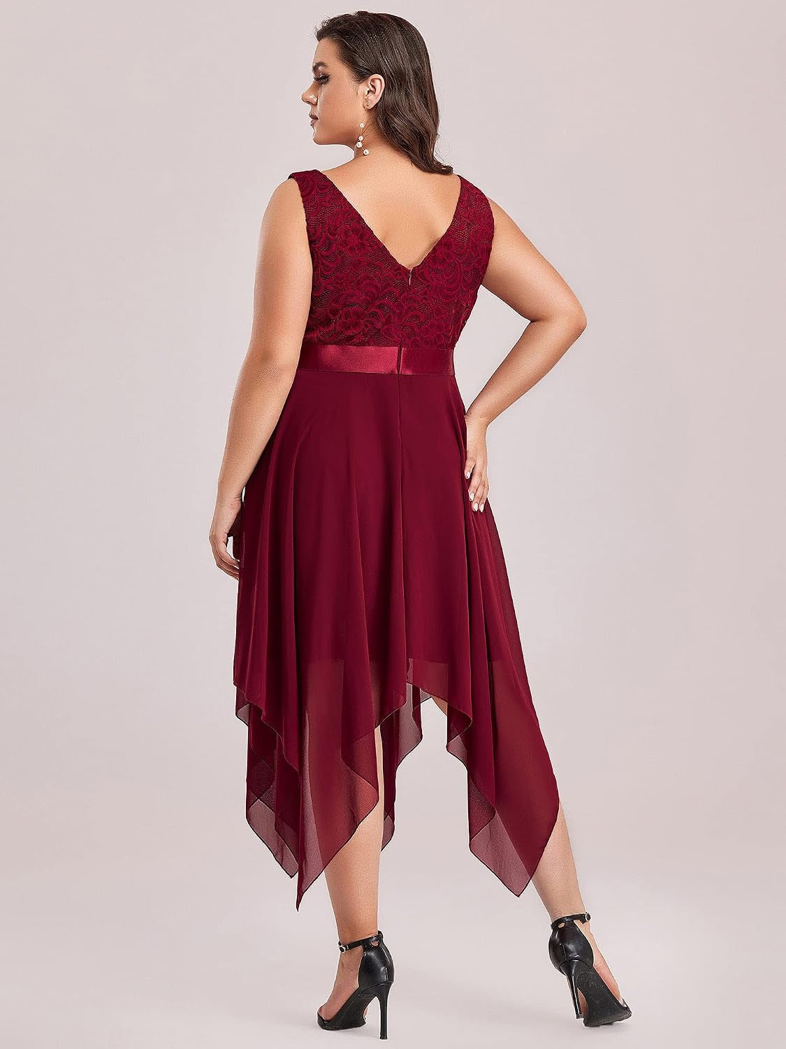 plus Womens V Neck Chiffon Lace Bodice a Line Homecoming Dress for Teens Burgundy US24