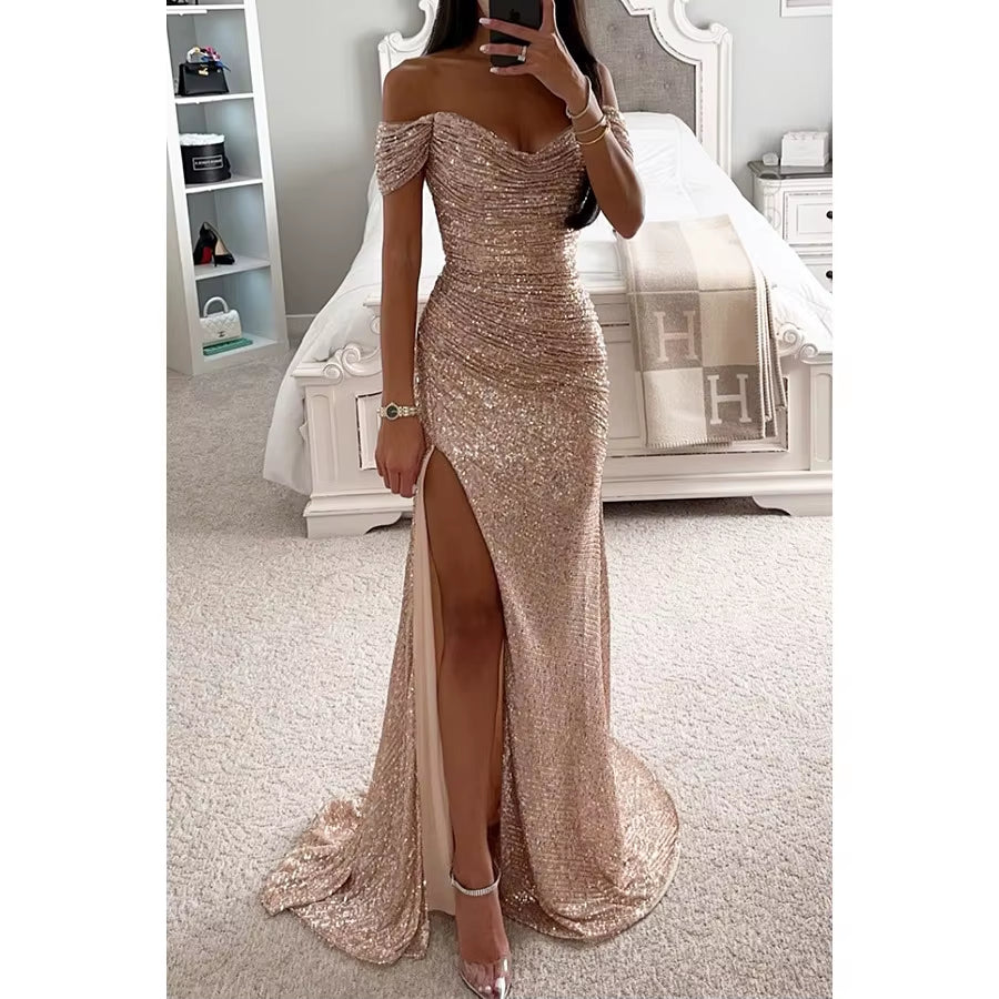 BH1423 Hot Sale Party Sequin One Line Neck Slit Casual Fashion Floor-Length Worsted Solid Natural Waist Woven Dress