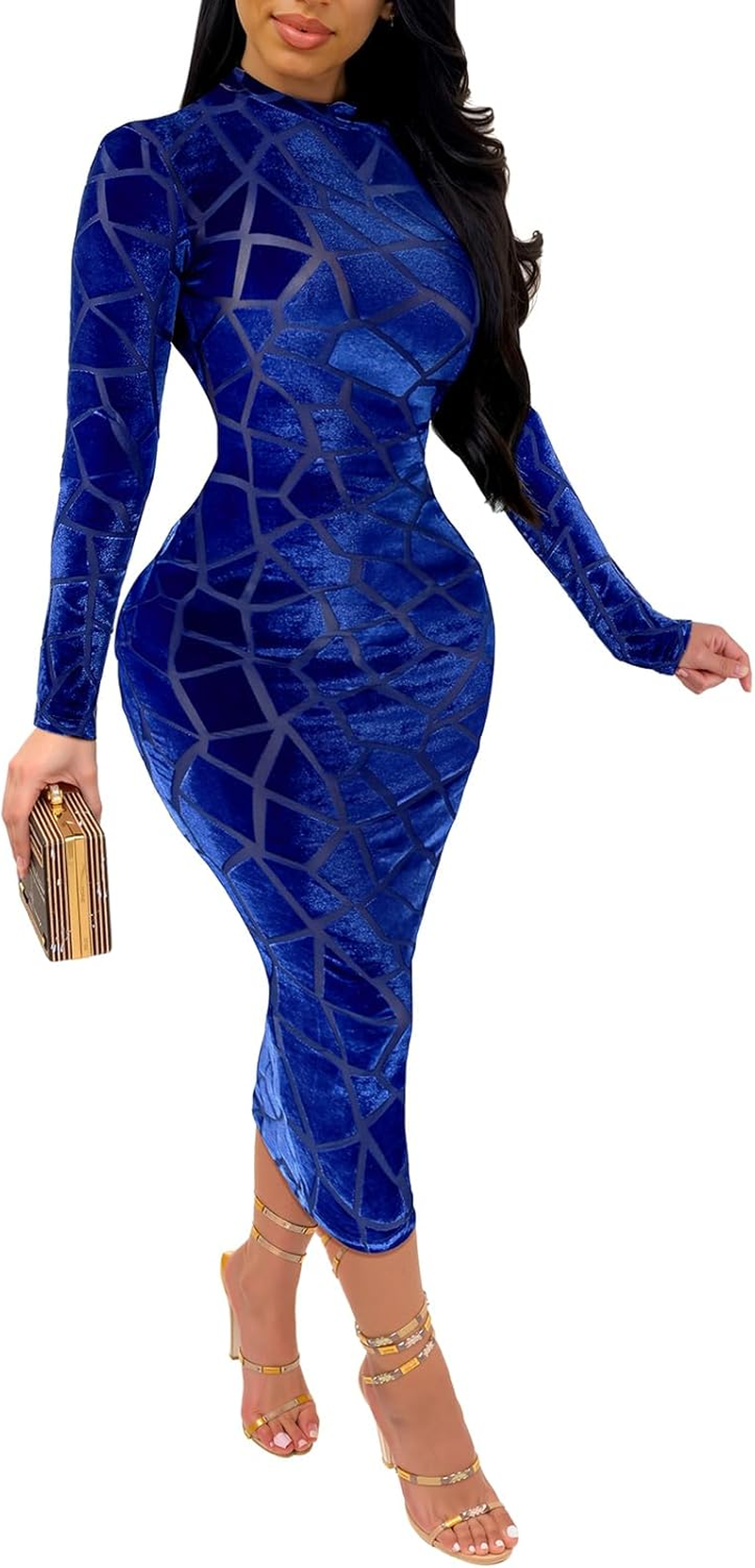 Women's royal blue sheer mesh bodycon midi dress with geometric print and long sleeves