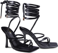Black strappy lace-up stiletto heels with wrap-around ankle straps and square open toe