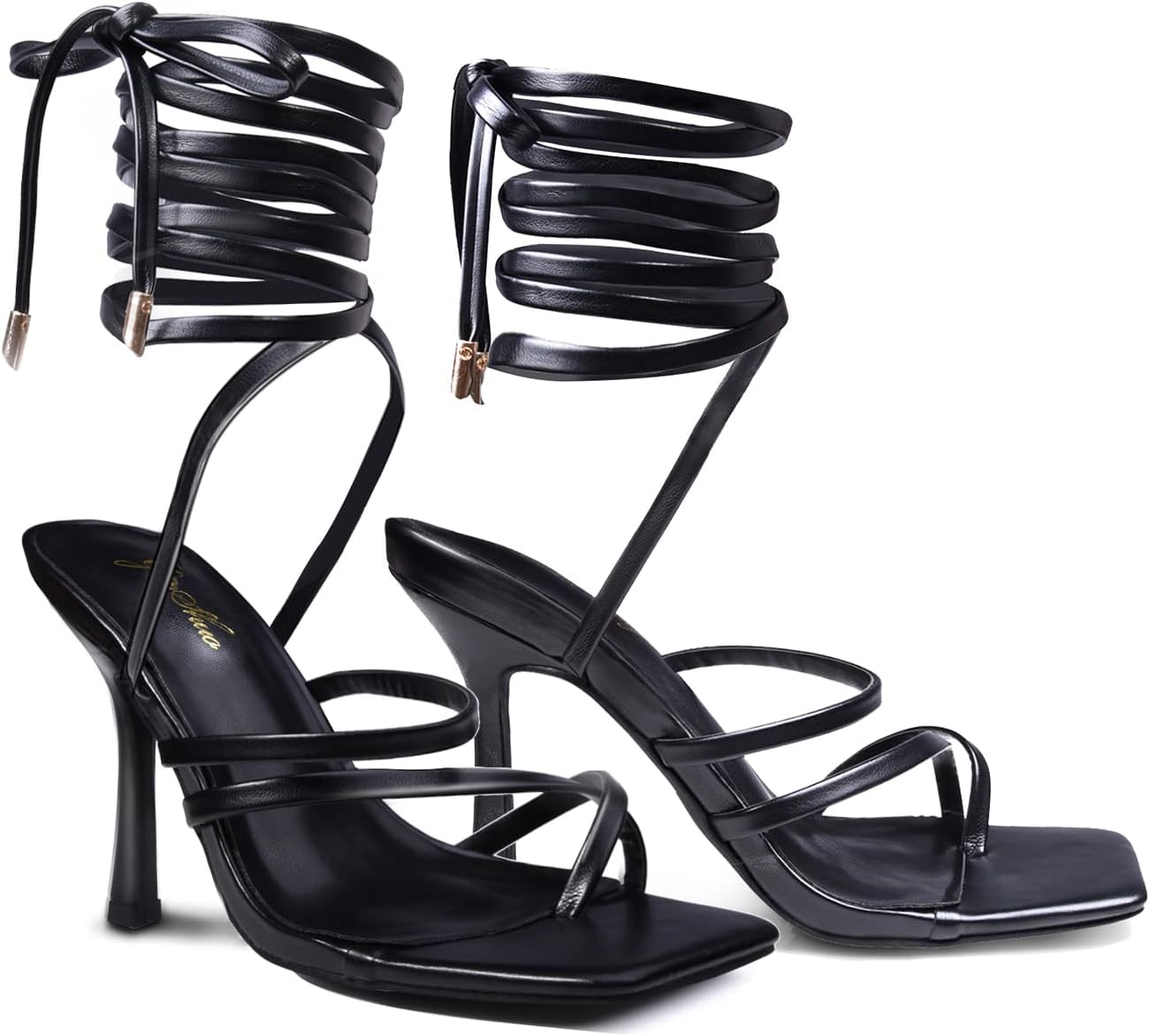 Black strappy lace-up stiletto heels with wrap-around ankle straps and square open toe