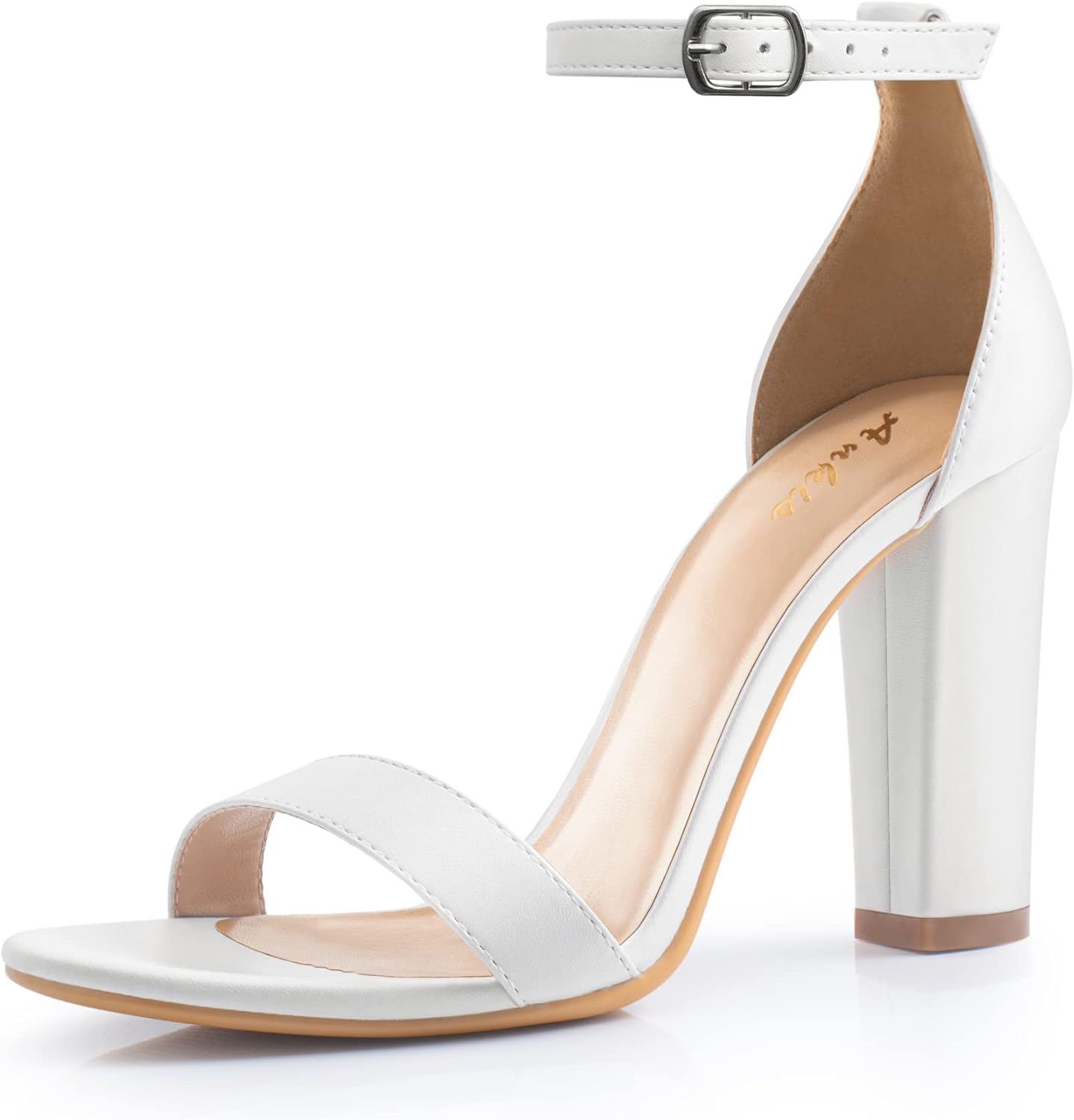 White chunky heel sandal with ankle strap and buckle closure for wedding