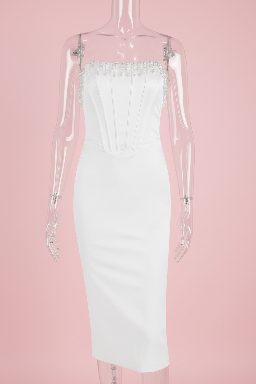 Super Quality Pearl Tassel Sexy Midi Dress Women Fashion Party Outfits Off-Shoulder Strapless Backless Bodycon Sexy Dress 2886